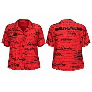 Harley Davidson Womens XL Red All Over Print Rayon Button Shirt Biker